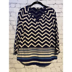 Lucky Brand Women's Blue and White Split Crew Neck Blouse Size M
